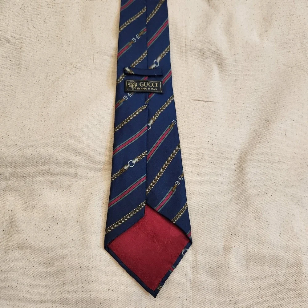Vintage GUCCI Silk Necktie Navy Web Stripe Belt Rope Equestrian Tie Horsebit